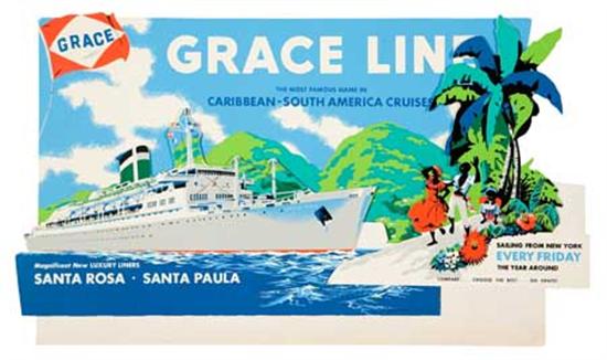 (GRACE LINE.) "Santa Rosa." Colorful 3-dimensional stand-up counter card, showing the ship in a Caribbean ...
